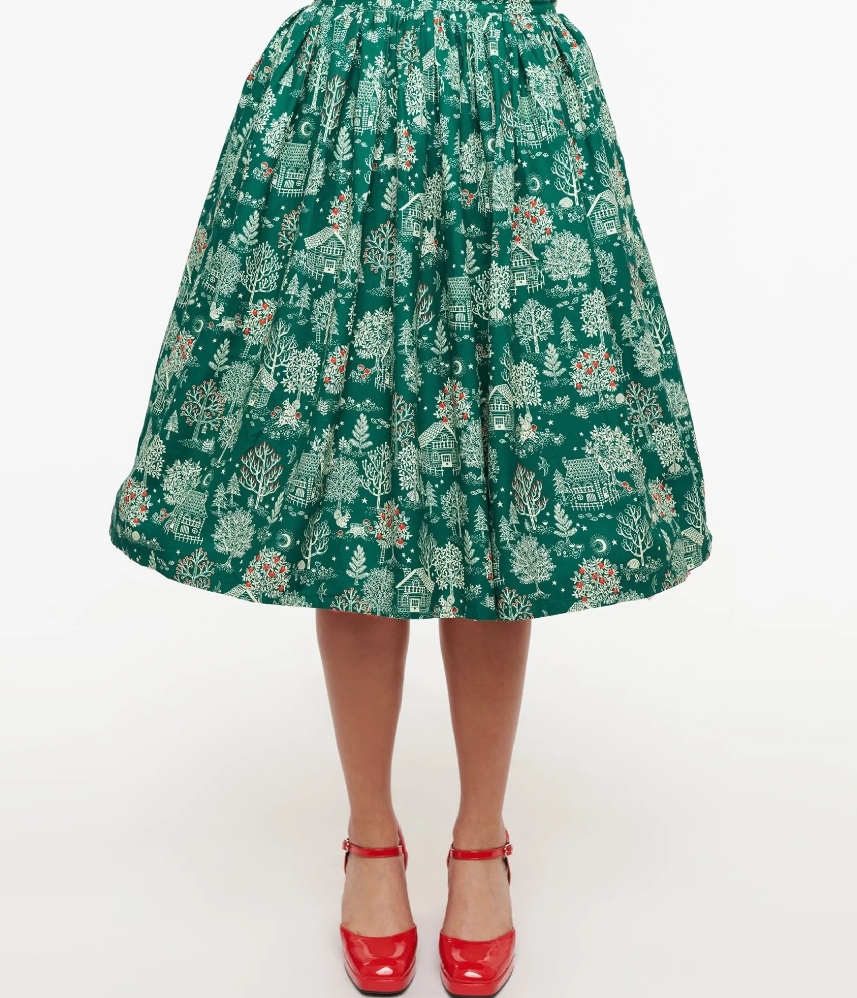 Unique Vintage 1950s Green Winter Print Gellar Swing Skirt