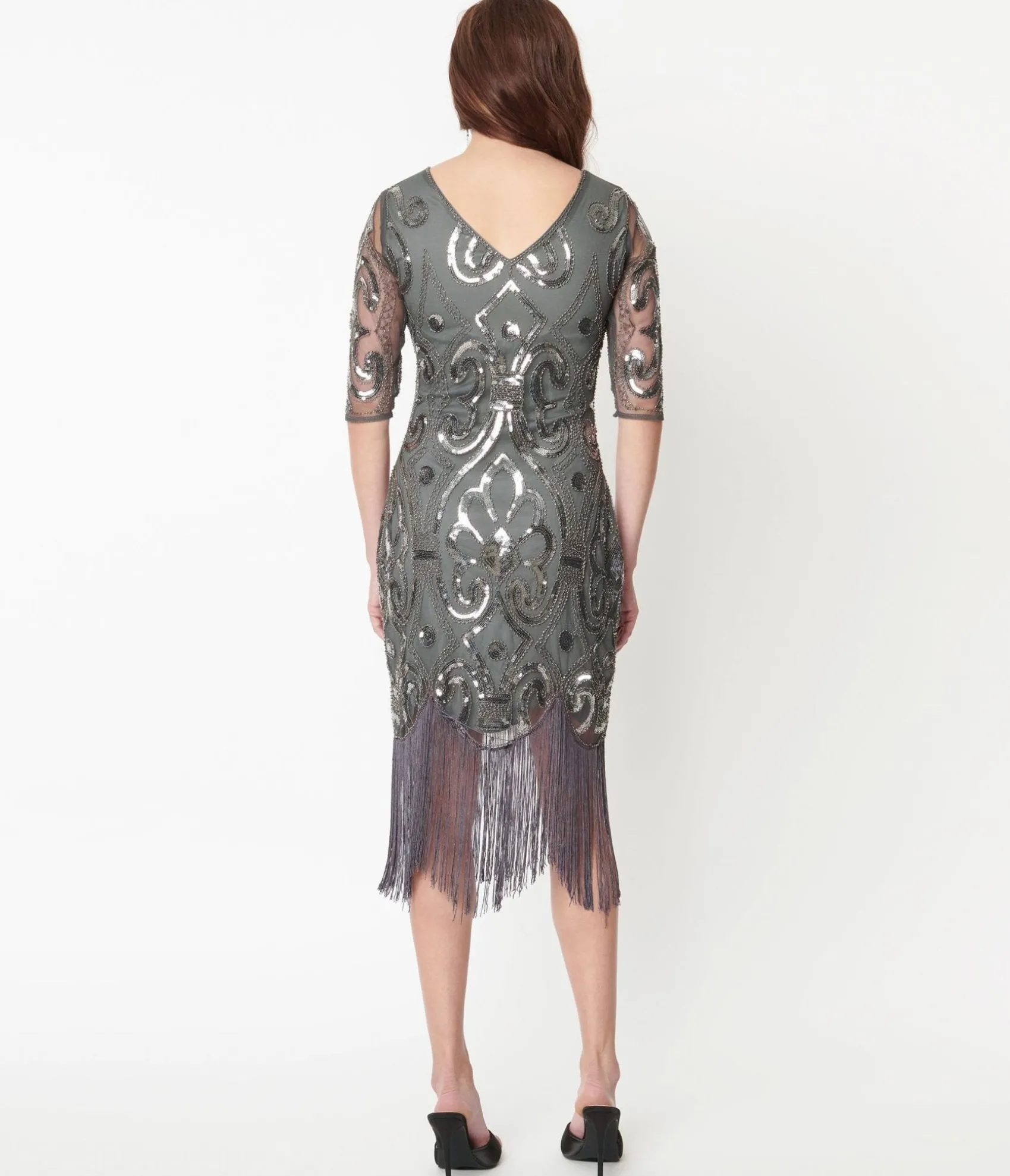 Unique Vintage 1920s Grey & Silver Beaded Lynette Flapper Dress