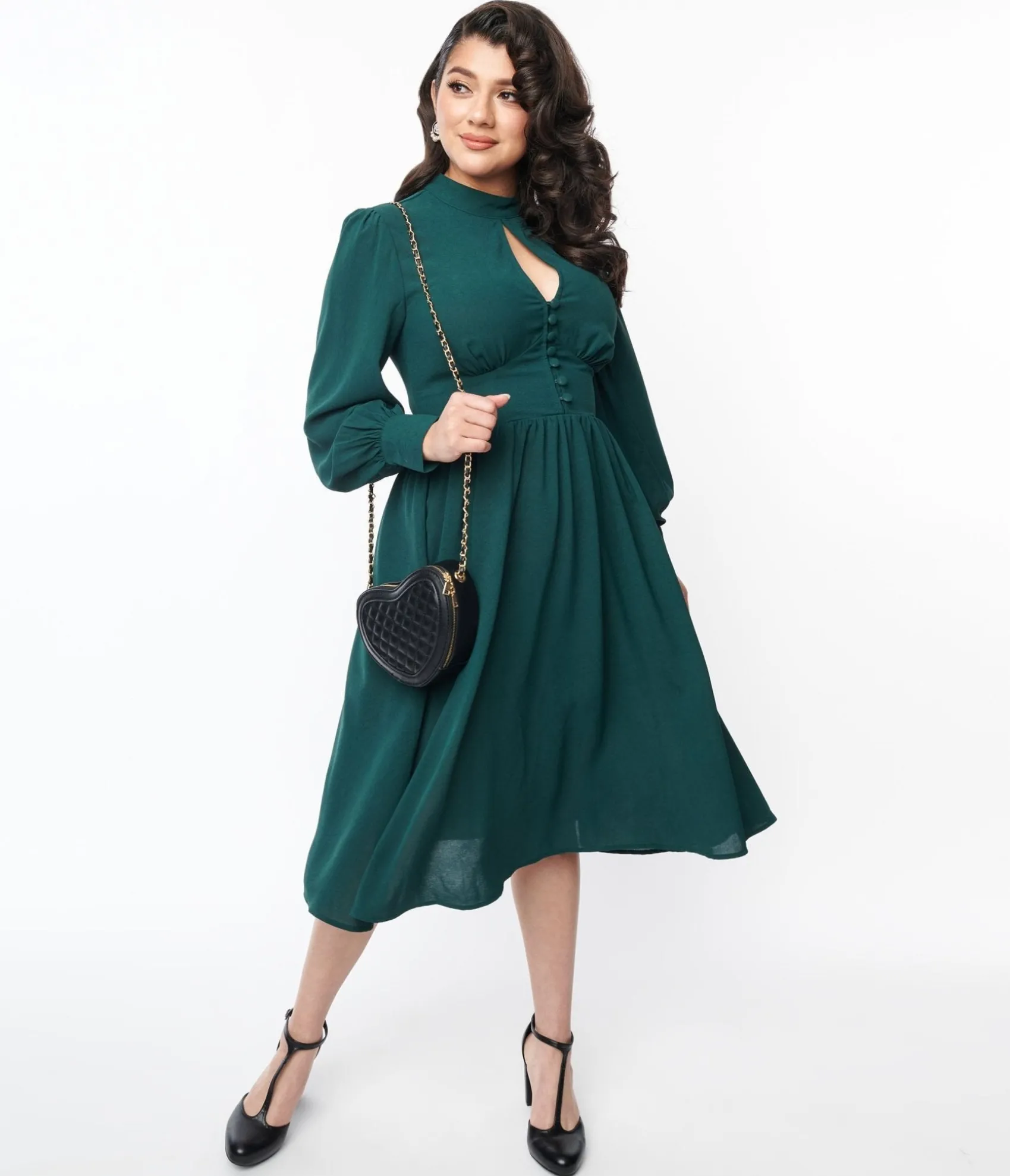 Unique Vintage 1970s Hunter Green Keyhole Swing Dress