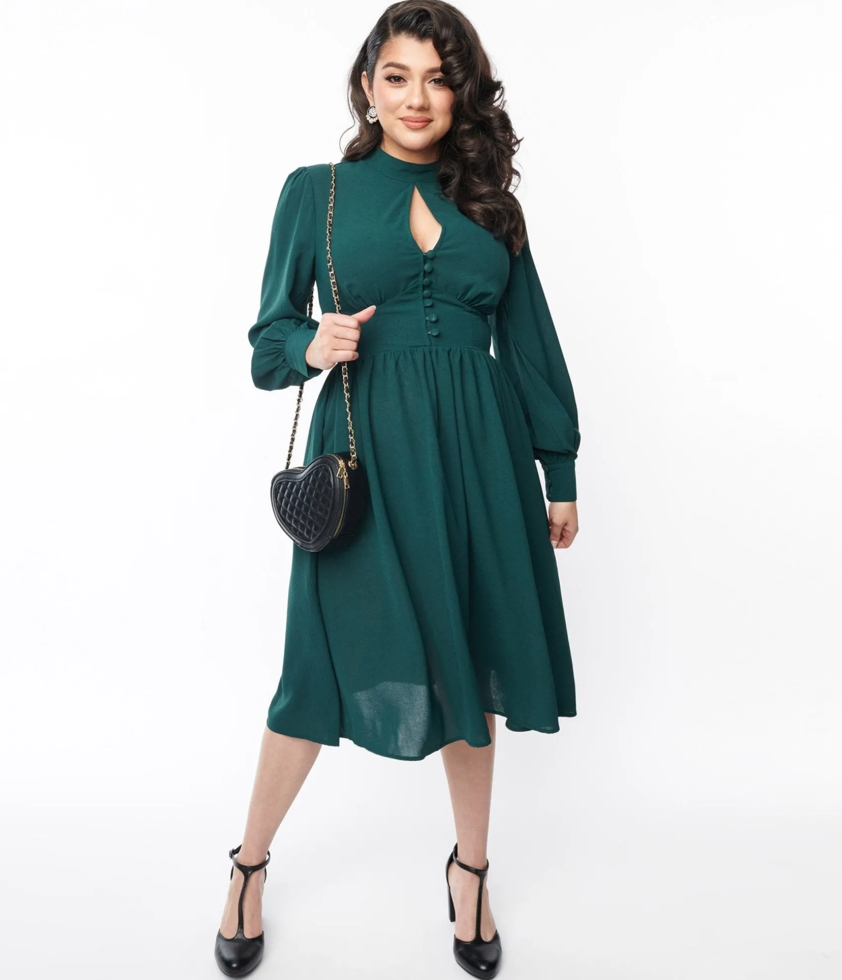 Unique Vintage 1970s Hunter Green Keyhole Swing Dress