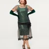 Unique Vintage 1920s Iridescent Peacock & Black Bow Flapper Dress