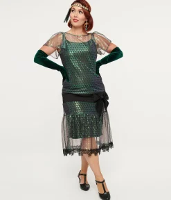 Unique Vintage 1920s Iridescent Peacock & Black Bow Flapper Dress