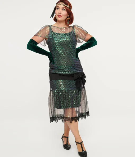 Unique Vintage 1920s Iridescent Peacock & Black Bow Flapper Dress
