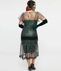 Unique Vintage 1920s Iridescent Peacock & Black Bow Flapper Dress