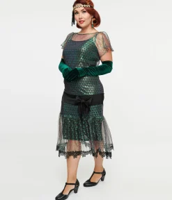 Unique Vintage 1920s Iridescent Peacock & Black Bow Flapper Dress