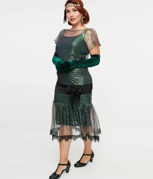 Unique Vintage 1920s Iridescent Peacock & Black Bow Flapper Dress