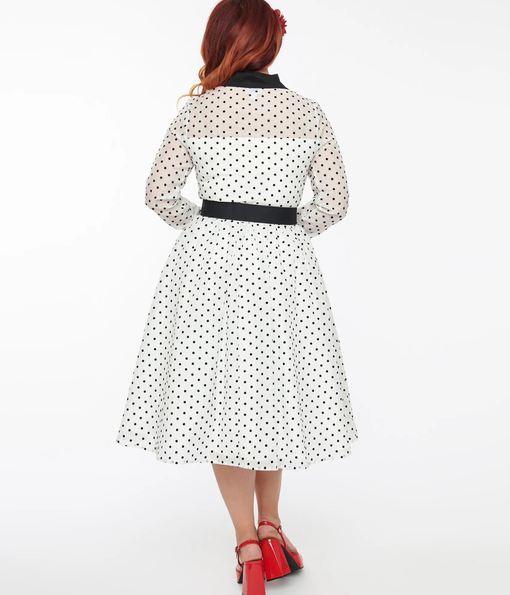 Unique Vintage 1950s Ivory & Black Polka Dot Tulle Swing Dress