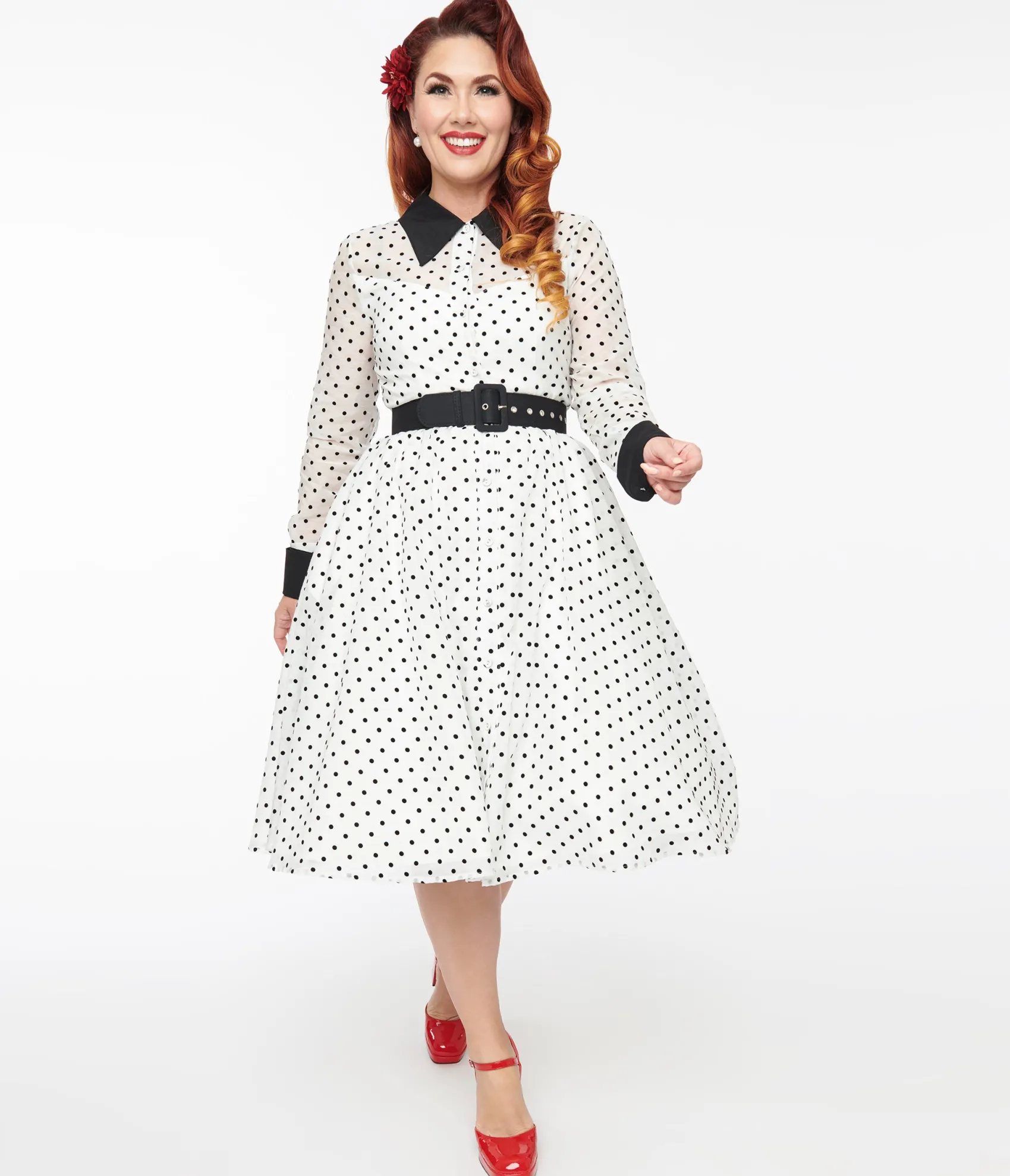 Unique Vintage 1950s Ivory & Black Polka Dot Tulle Swing Dress