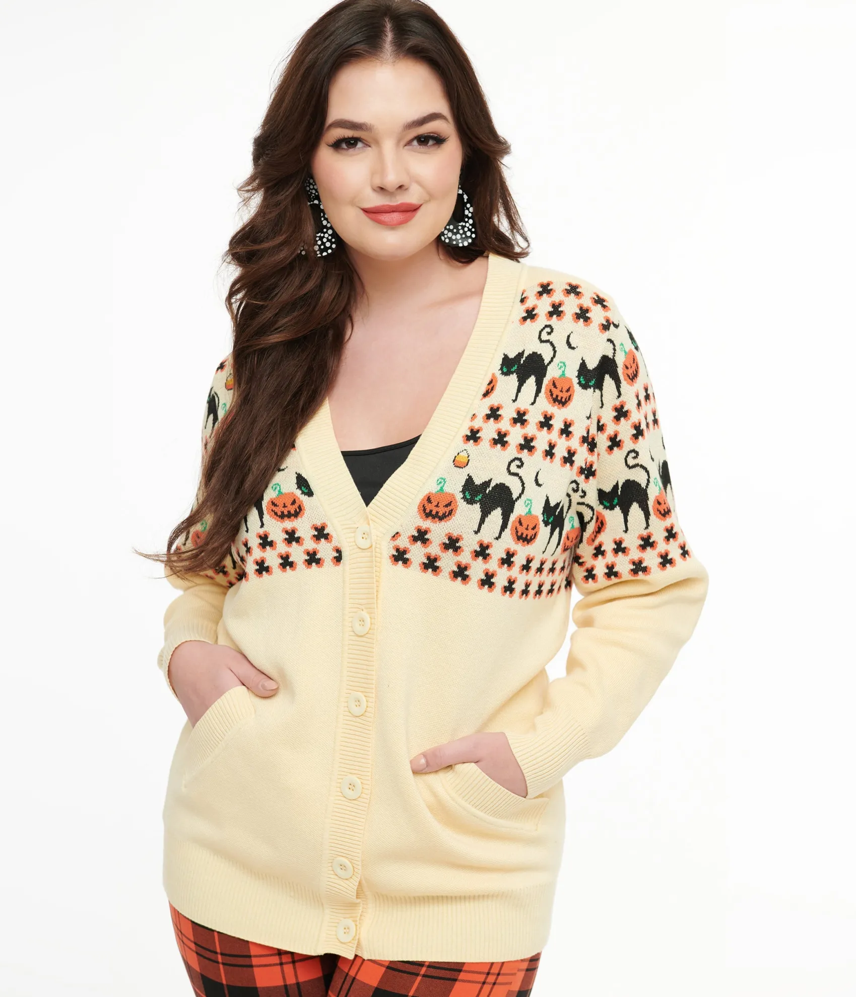 Unique Vintage 1960s Ivory & Orange Halloween Print Cardigan