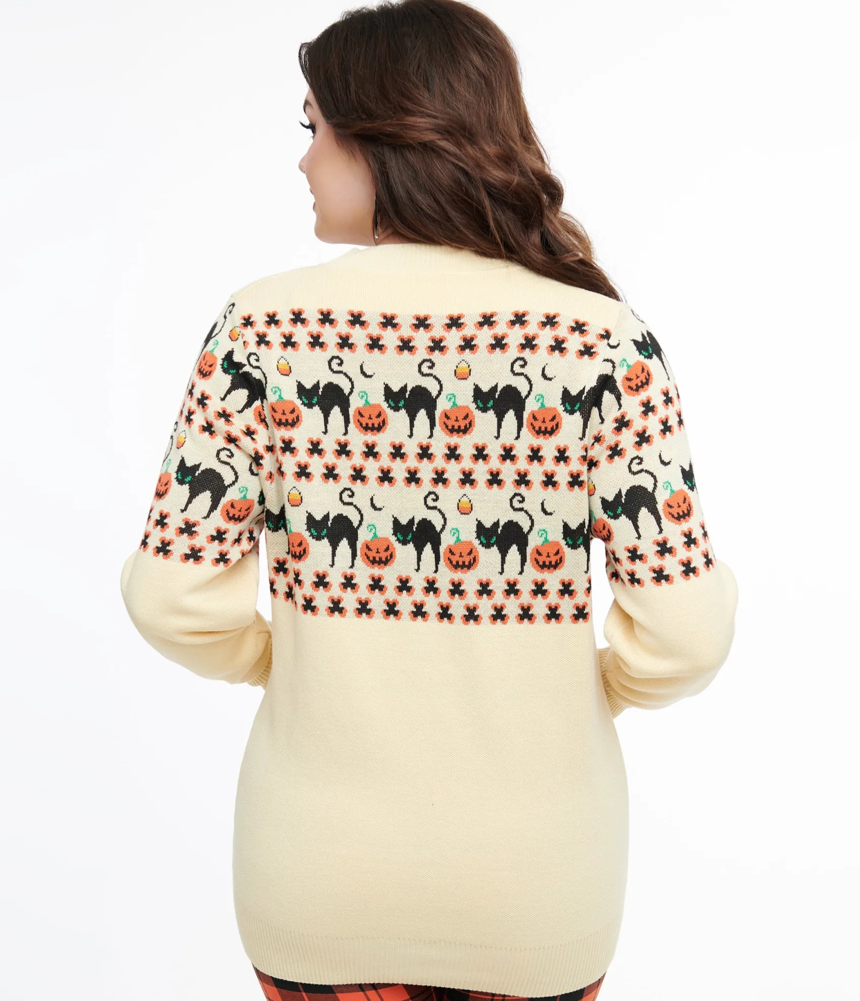 Unique Vintage 1960s Ivory & Orange Halloween Print Cardigan
