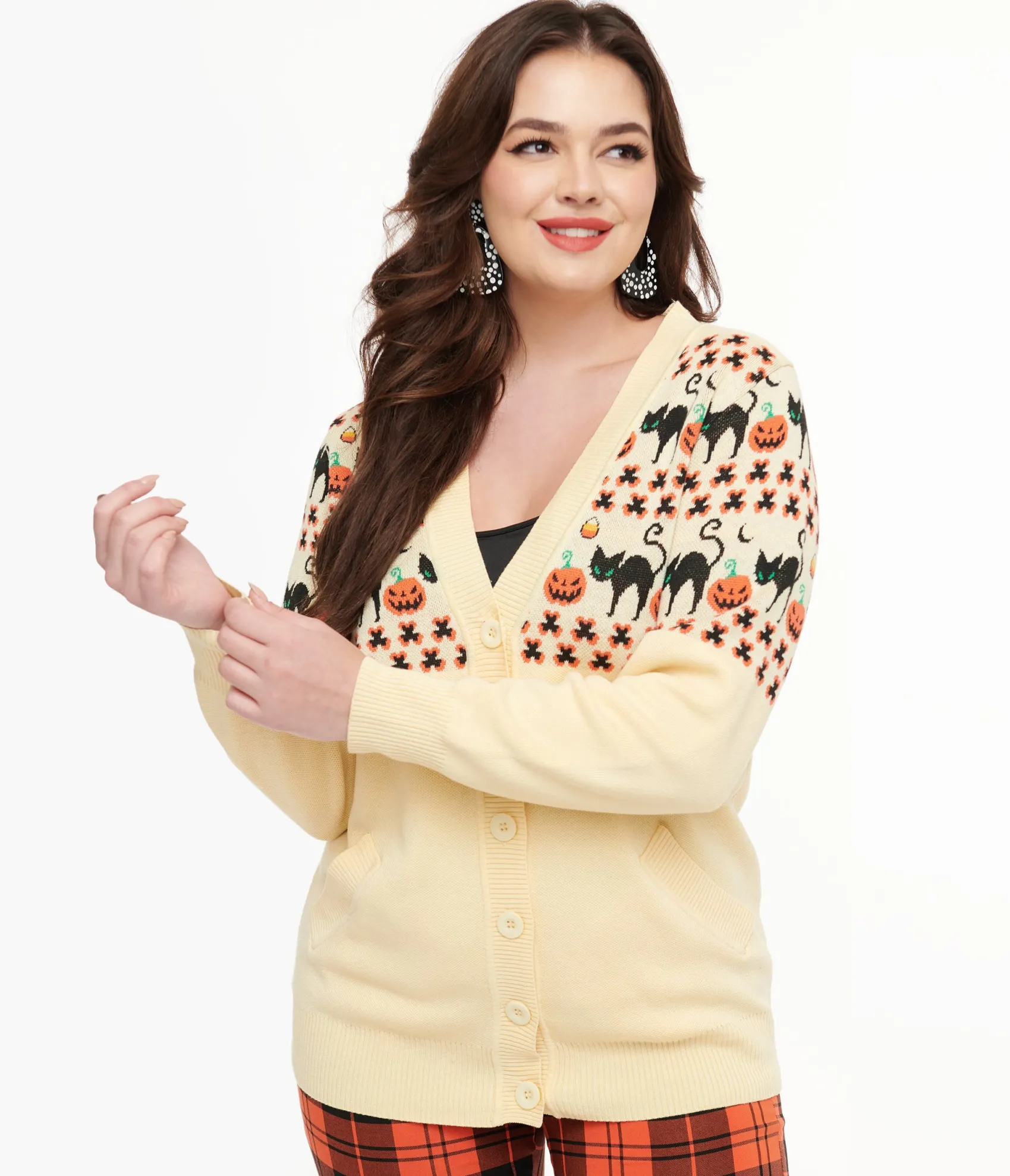 Unique Vintage 1960s Ivory & Orange Halloween Print Cardigan