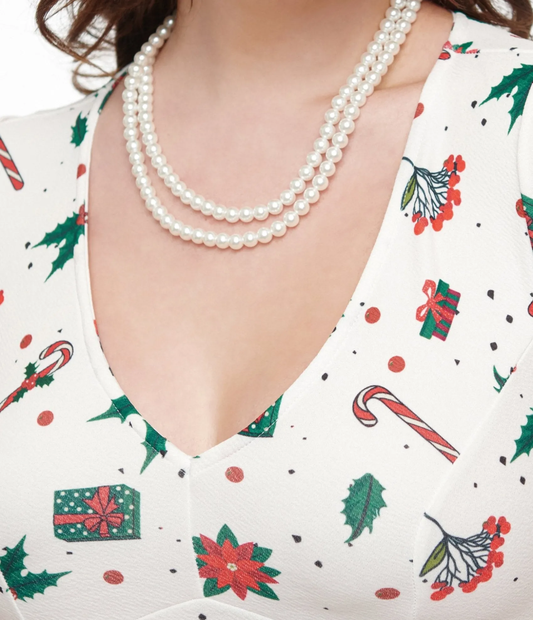 Unique Vintage 1950s Ivory Christmas Print Poppy Flare Dress