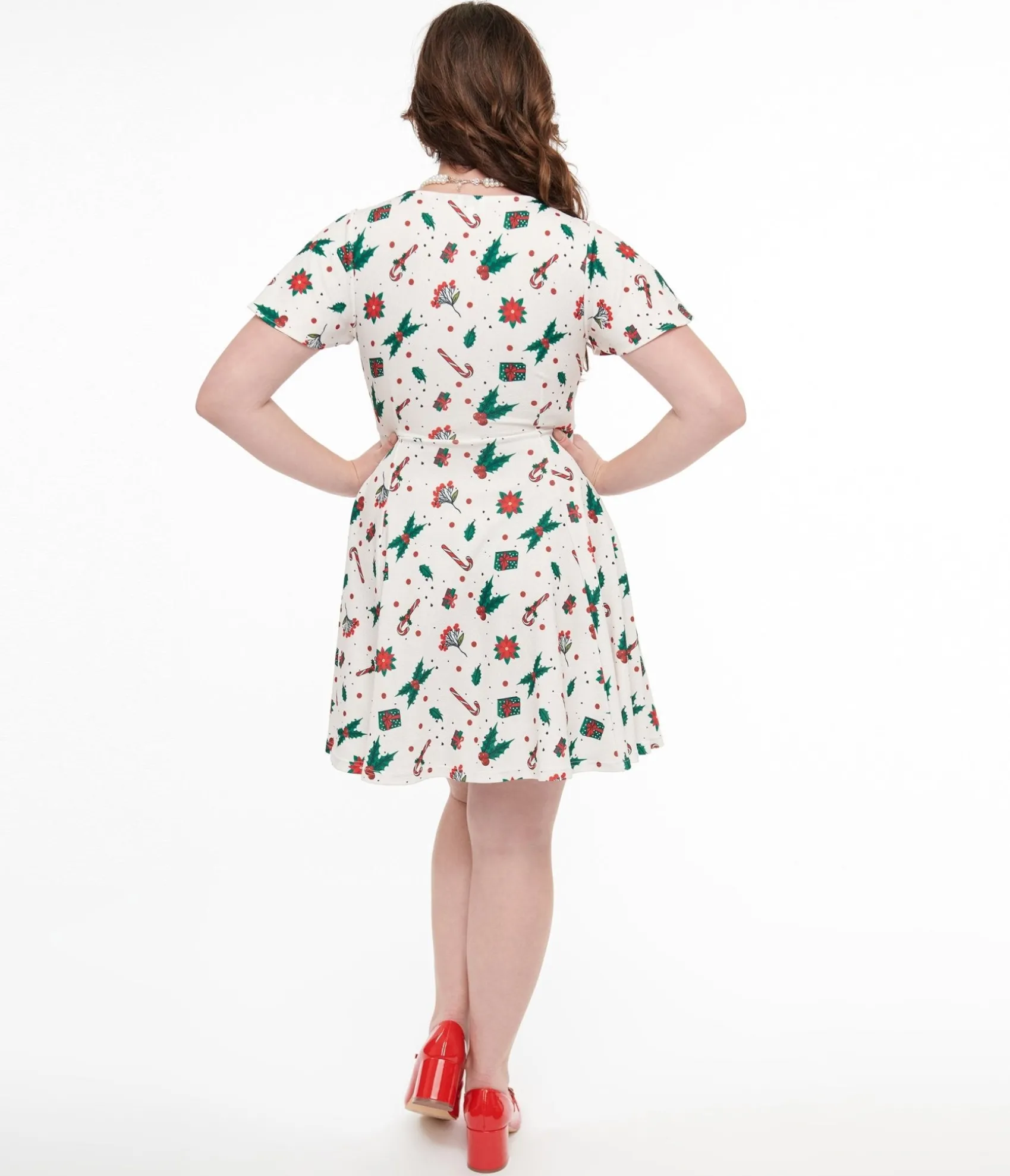 Unique Vintage 1950s Ivory Christmas Print Poppy Flare Dress
