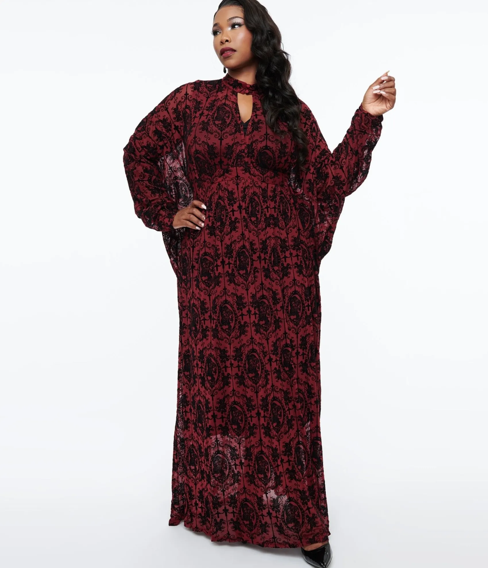 Unique Vintage 1970s La Caterina Burgundy High Neck Caftan