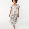 Unique Vintage 1940s Light Blue Stripe & Cherry Print Midi Dress