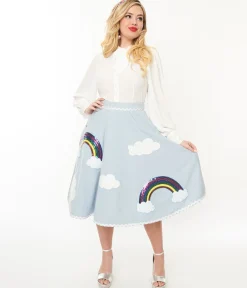 Unique Vintage 1950s Light Blue & Rainbow Sequin Soda Shop Swing Skirt