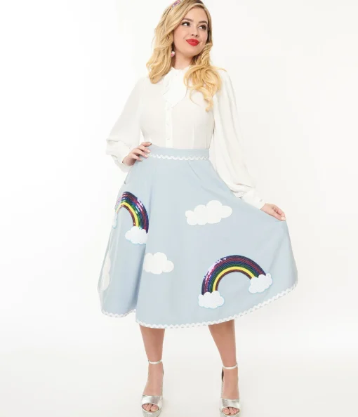 Unique Vintage 1950s Light Blue & Rainbow Sequin Soda Shop Swing Skirt
