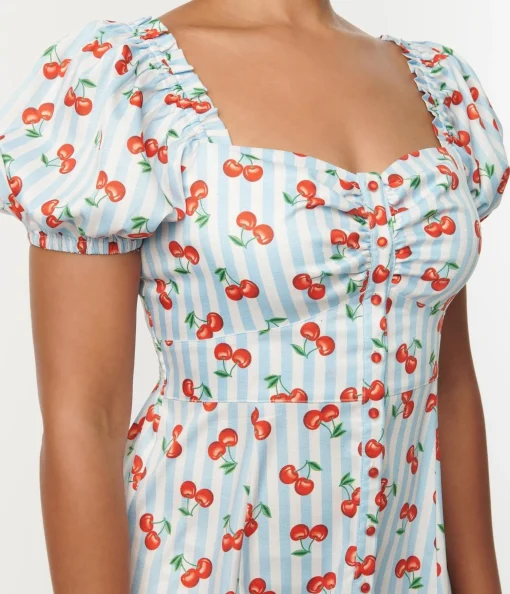 Unique Vintage 1940s Light Blue Stripe & Cherry Print Midi Dress