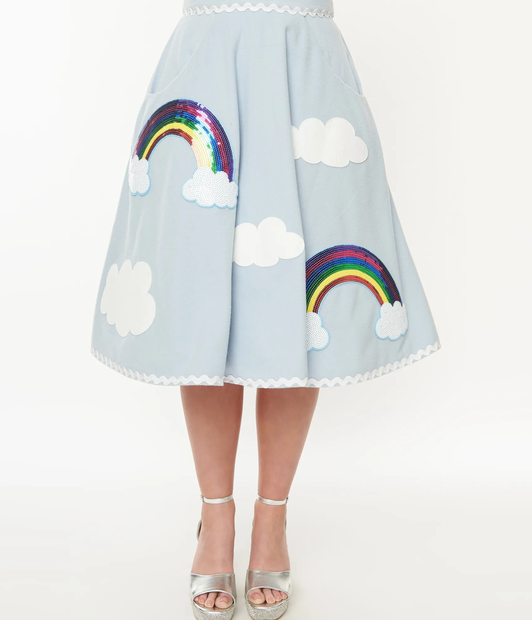 Unique Vintage 1950s Light Blue & Rainbow Sequin Soda Shop Swing Skirt