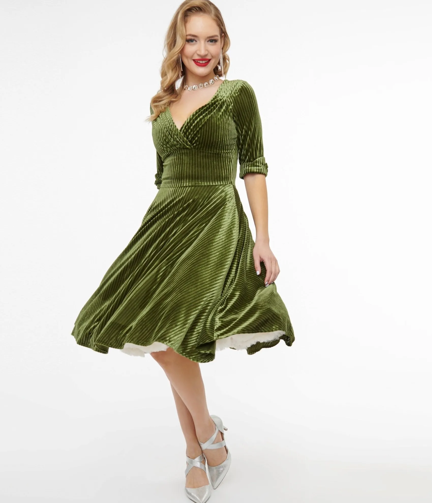 Unique Vintage 1950s Moss Green Velvet Delores Swing Dress
