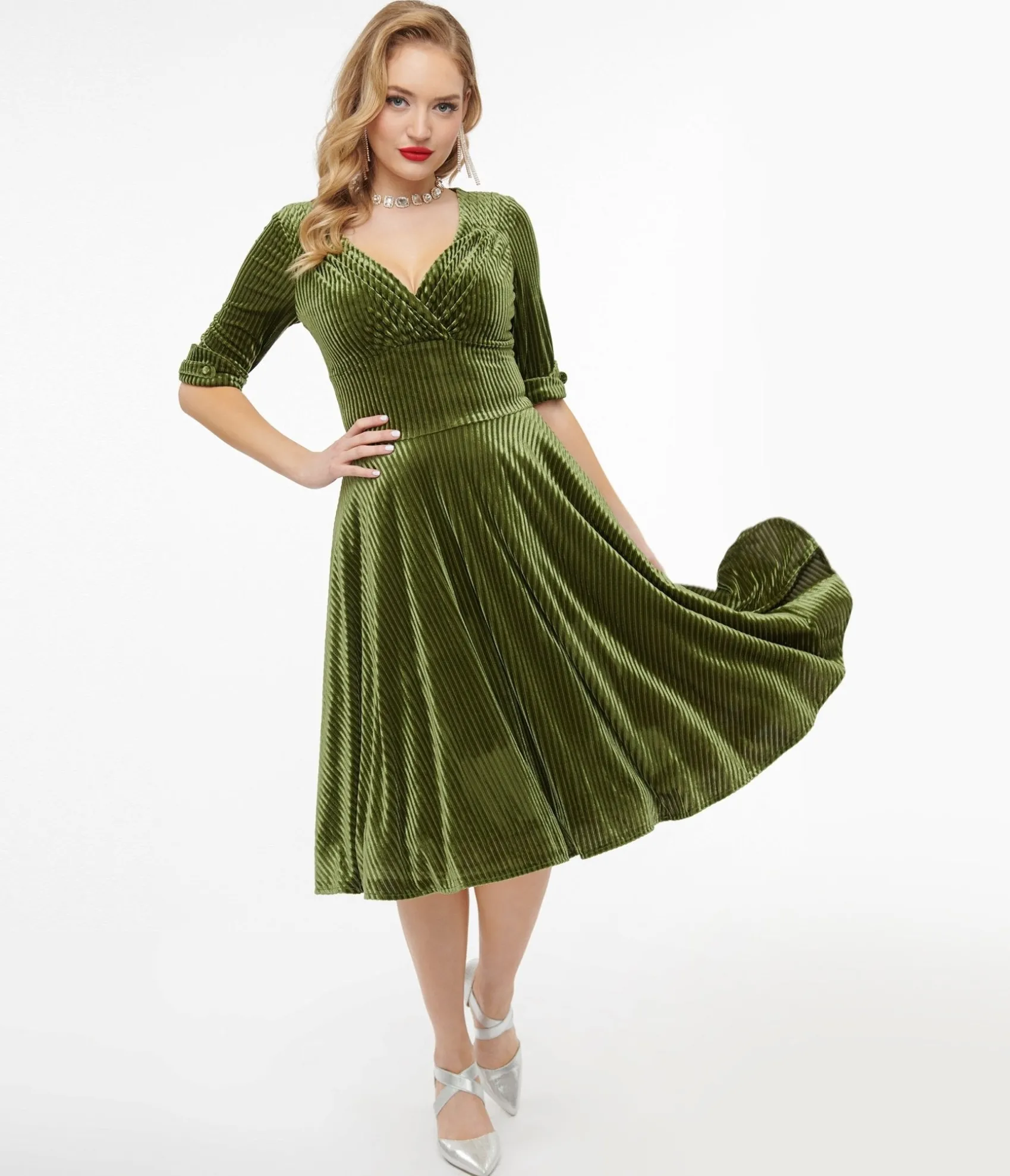 Unique Vintage 1950s Moss Green Velvet Delores Swing Dress