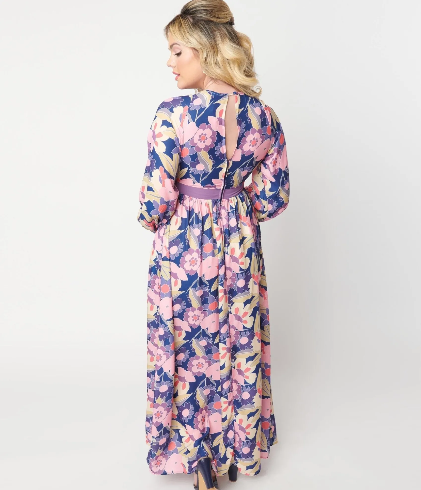 Unique Vintage 1970s Navy & Purple Floral Print Buttercup Maxi Dress