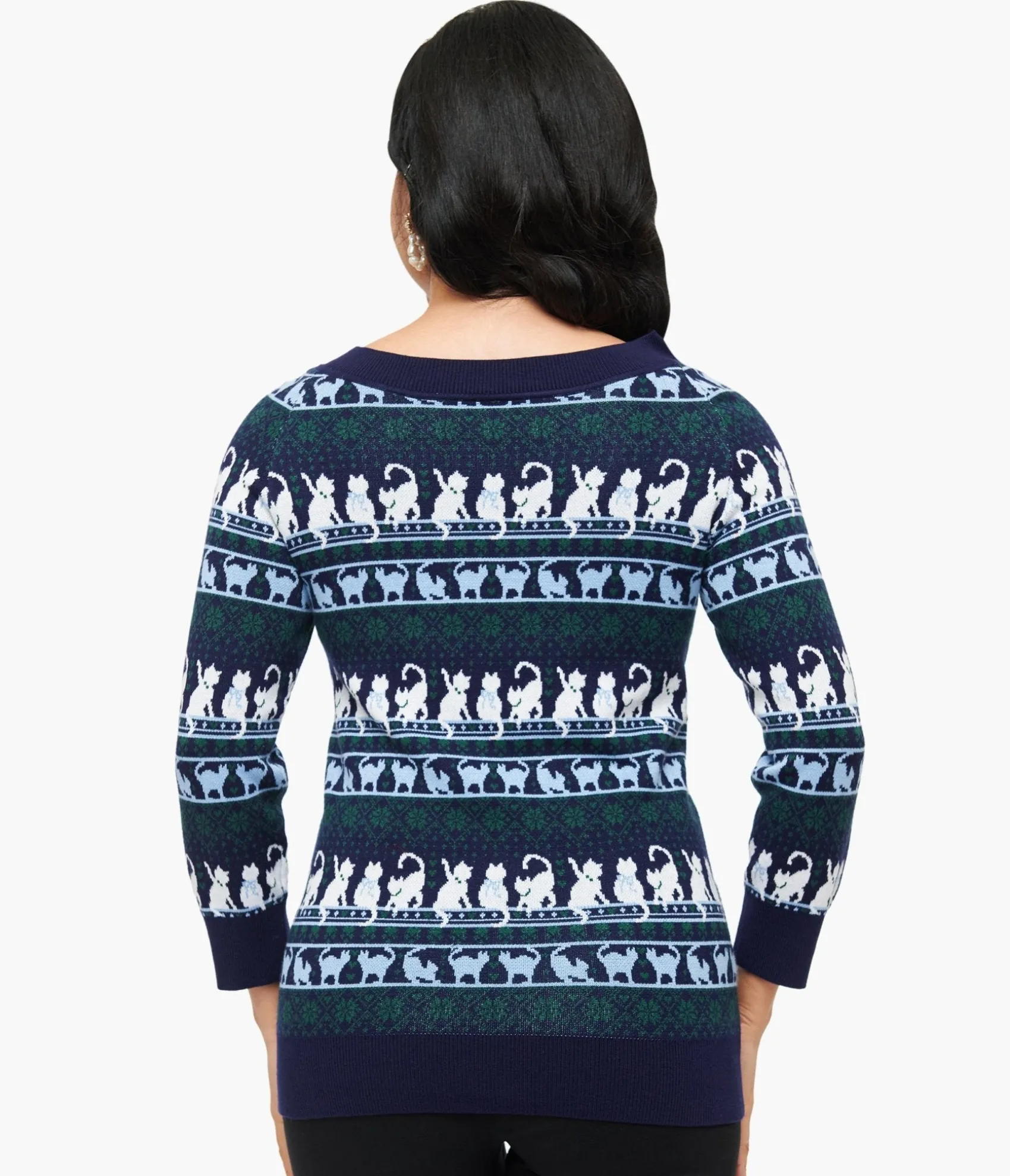 Unique Vintage 1940s Navy & White Cat Pattern Lorelai Sweater