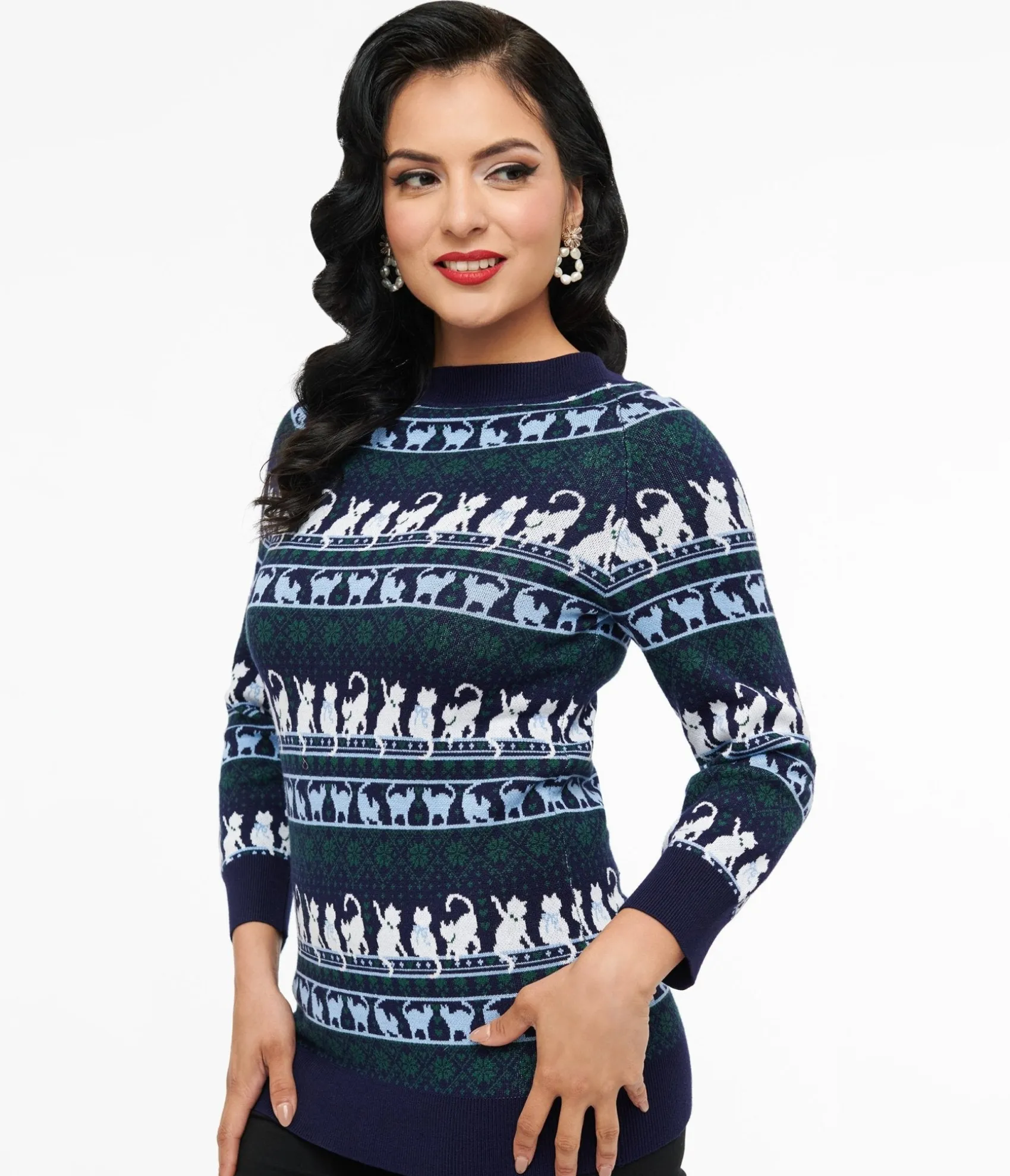 Unique Vintage 1940s Navy & White Cat Pattern Lorelai Sweater