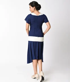 Unique Vintage 1920s Navy Blue & Ivory Wilshire Flapper Day Dress