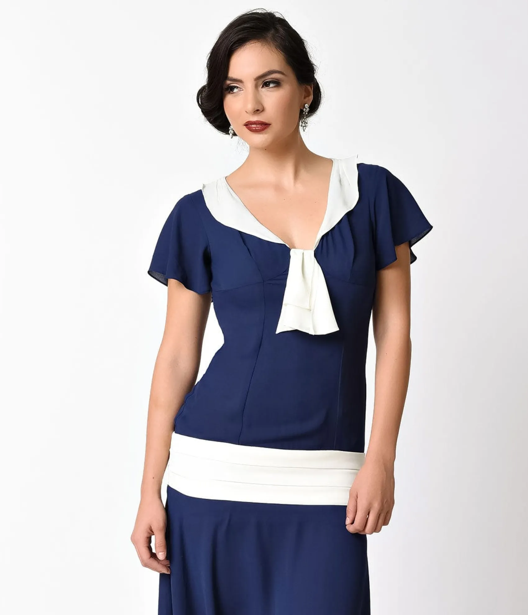 Unique Vintage 1920s Navy Blue & Ivory Wilshire Flapper Day Dress