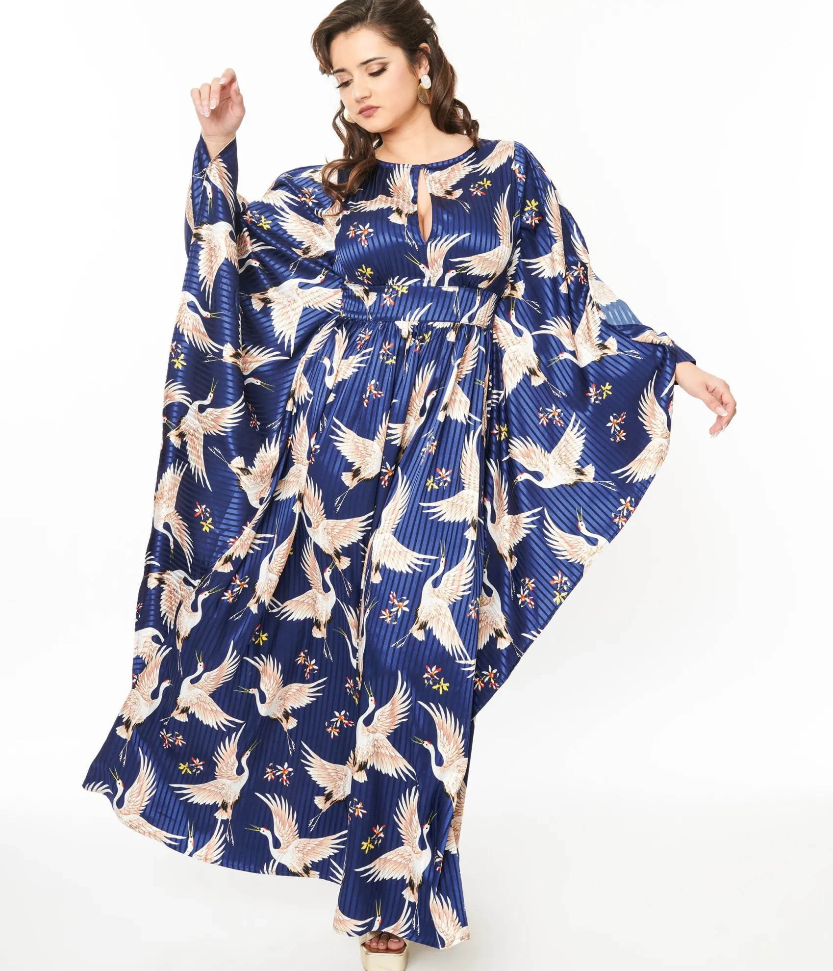 Unique Vintage 1960s Navy Crane Flutter Sleeve Caftan