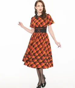 Unique Vintage 1950s Orange & Red Plaid Peter Pan Collar Swing Dress