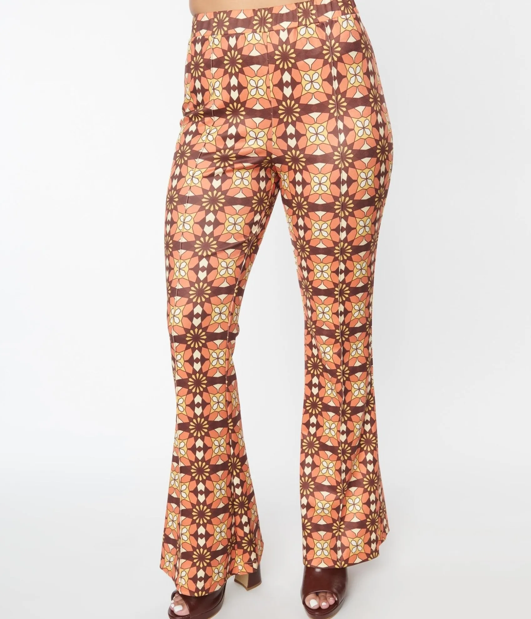 Unique Vintage 1970s Orange & Brown Mosaic Flare Pants