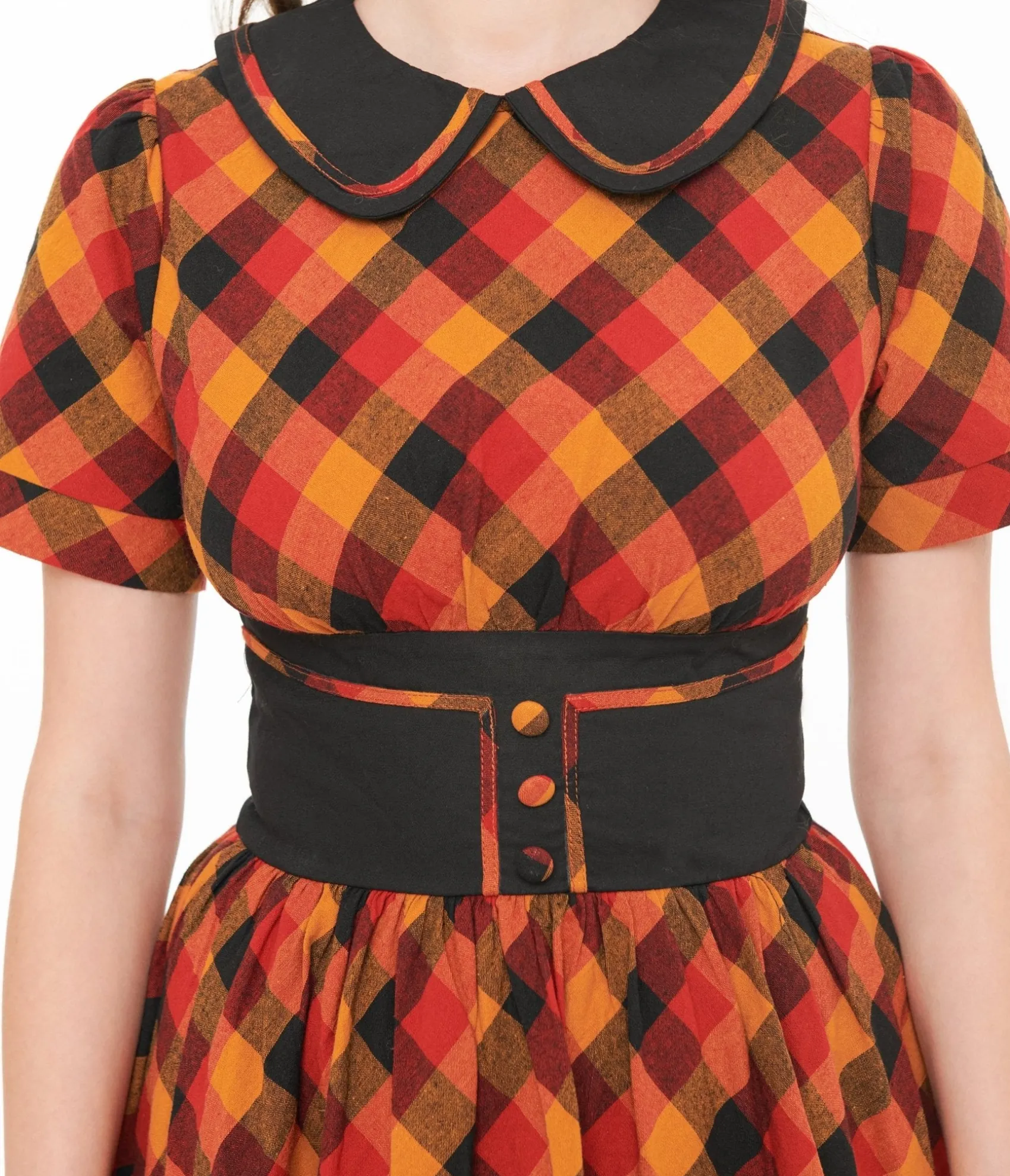 Unique Vintage 1950s Orange & Red Plaid Peter Pan Collar Swing Dress