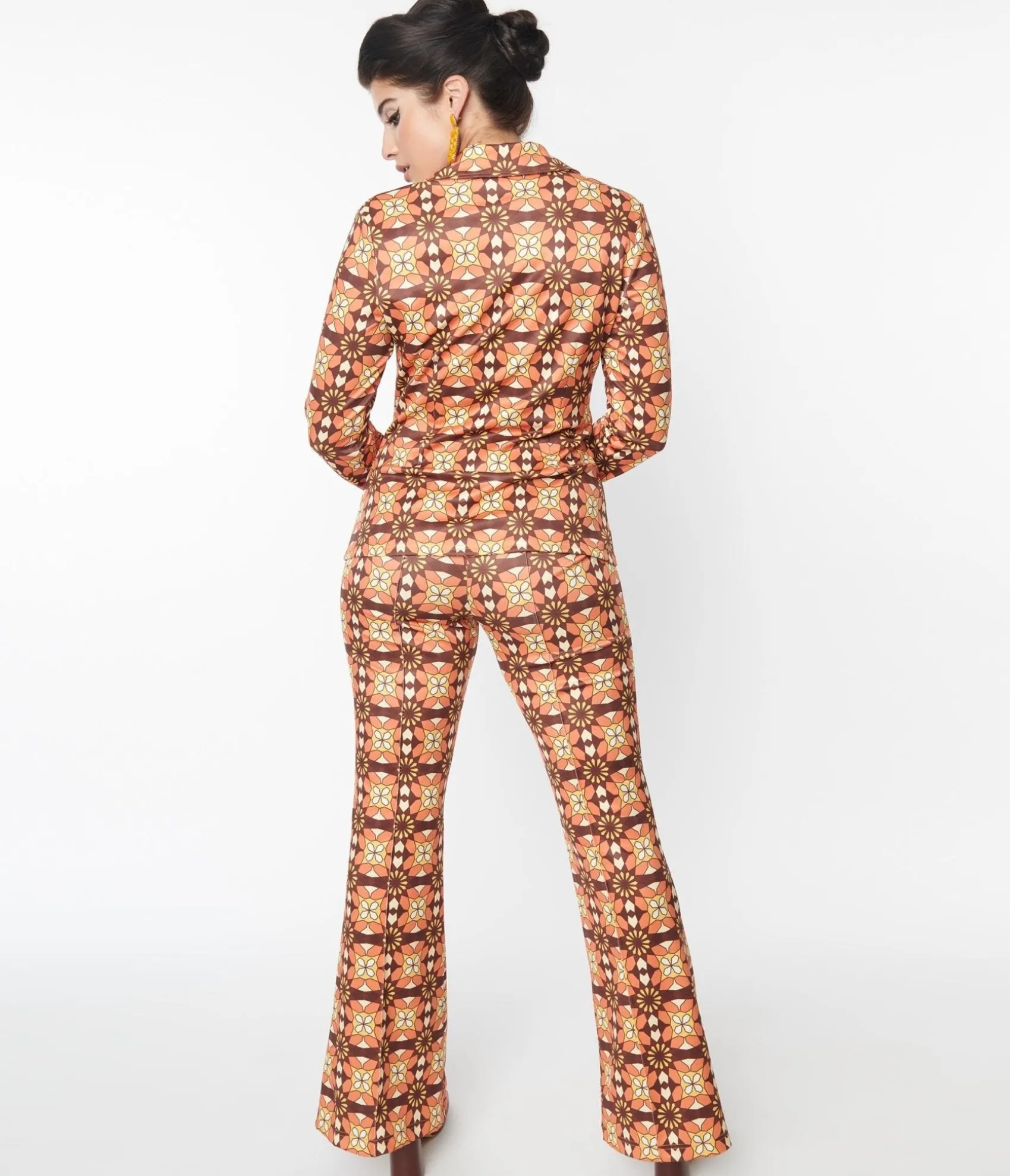 Unique Vintage 1970s Orange & Brown Mosaic Flare Pants