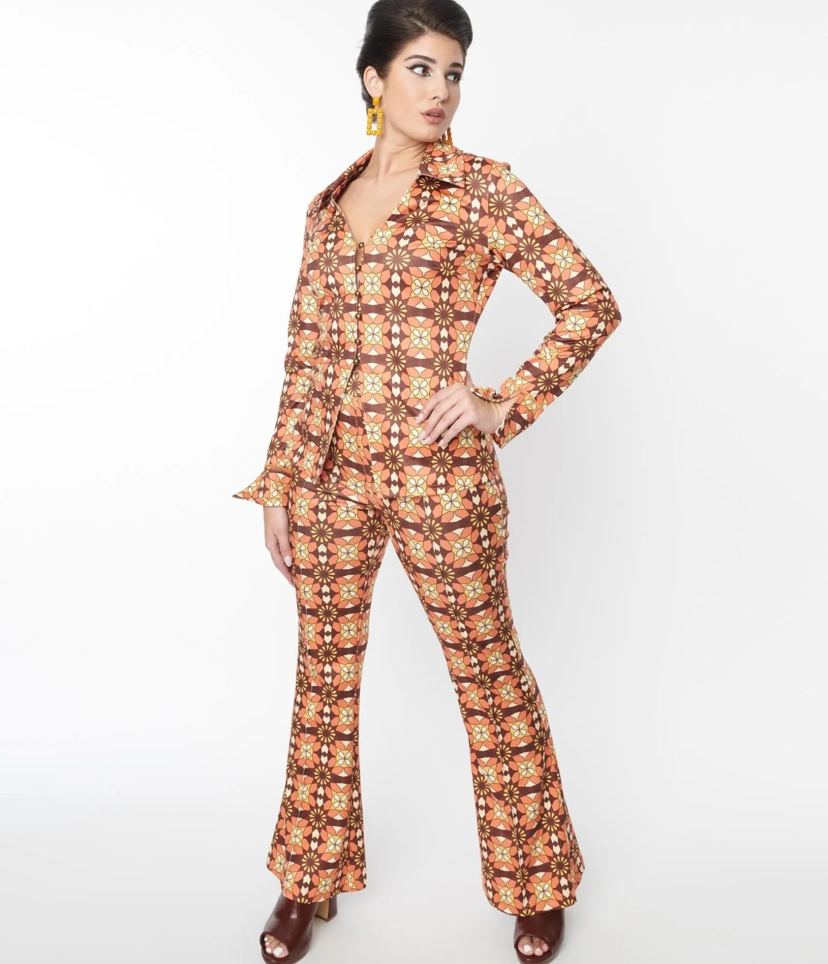 Unique Vintage 1970s Orange & Brown Mosaic Flare Pants