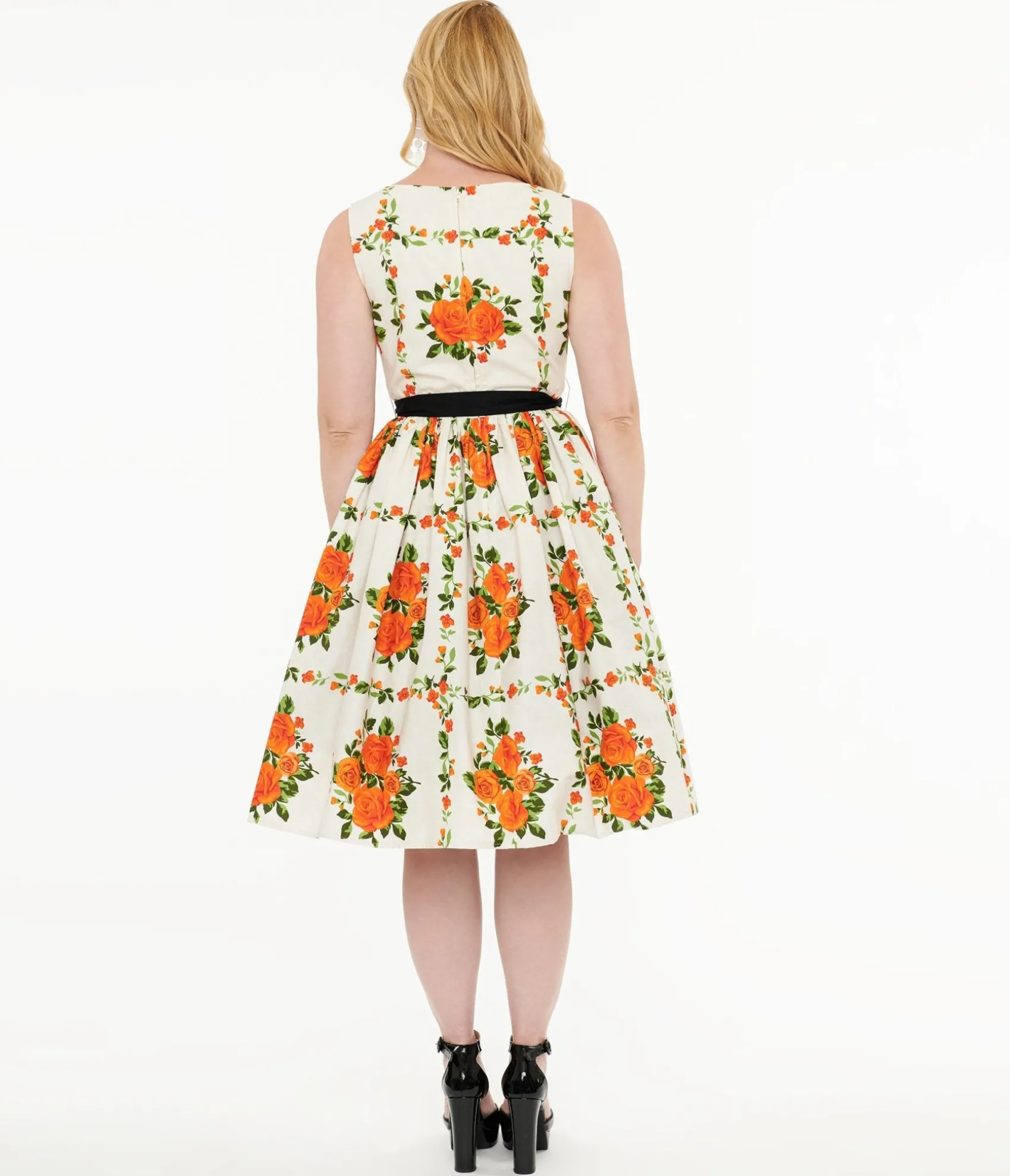 Unique Vintage 1950s Orange Fall Floral Sleeveless Swing Dress