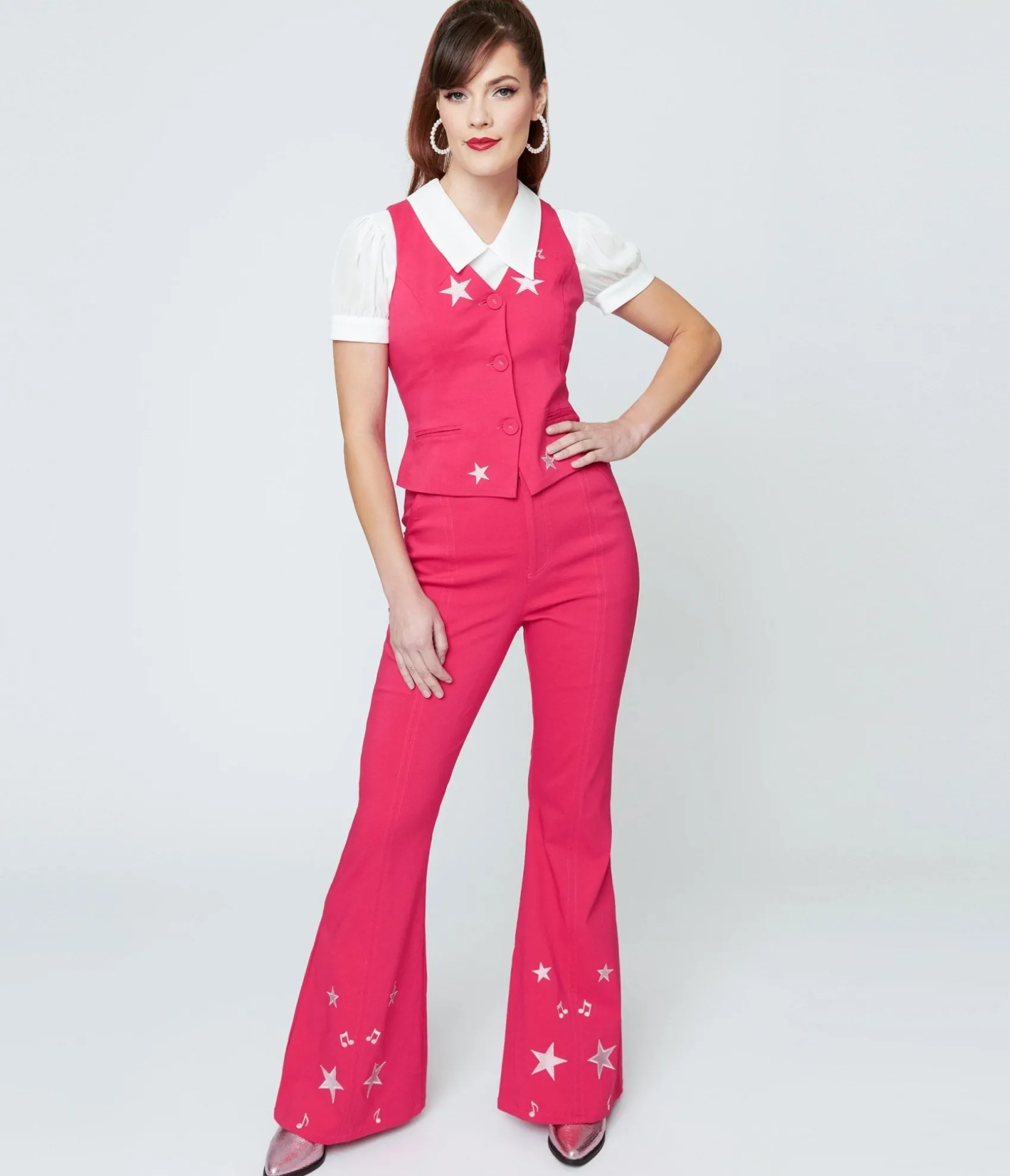 Unique Vintage 1970s Pink & Glitter Stars Flare Pants