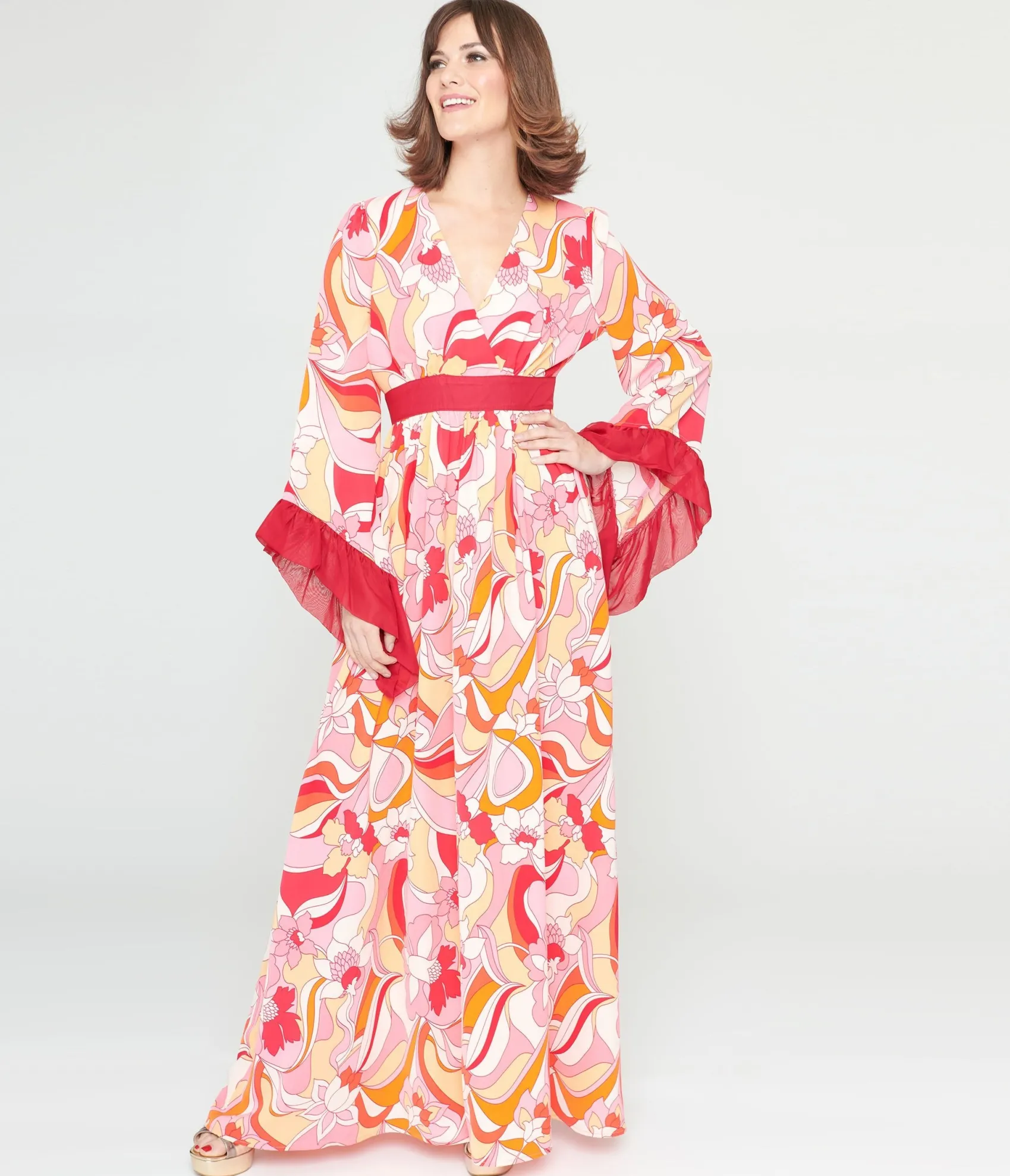 Unique Vintage 1970s Pink & Red Psychedelic Floral Maxi Dress