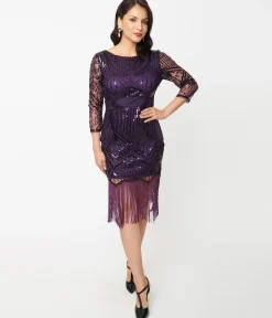 Unique Vintage 1920s Purple & Black Sequin Sleeved Therese Flapper Dress
