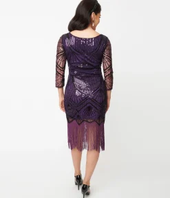 Unique Vintage 1920s Purple & Black Sequin Sleeved Therese Flapper Dress