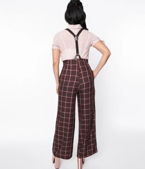 Unique Vintage 1930s Purple & Mauve Plaid High Waist Suspender Pants