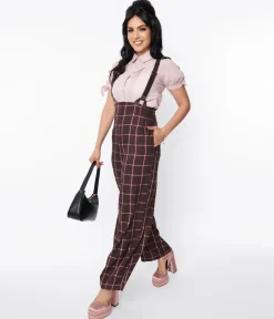 Unique Vintage 1930s Purple & Mauve Plaid High Waist Suspender Pants