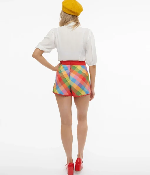 Unique Vintage 1950s Rainbow Madras Plaid Scallop Trim Shorts