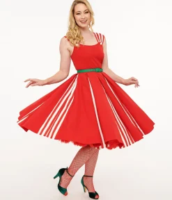 Unique Vintage 1950s Red & White Stripe Swing Dress