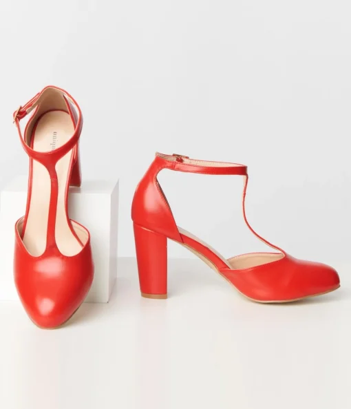 Unique Vintage 1920s Red Leatherette T-Strap Astaire Pumps