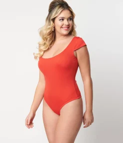 Unique Vintage 1950s Red Scoop Neck Bodysuit