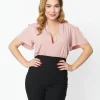 Unique Vintage 1970s Rose Pink Pointelle Flutter Sleeve Bodysuit
