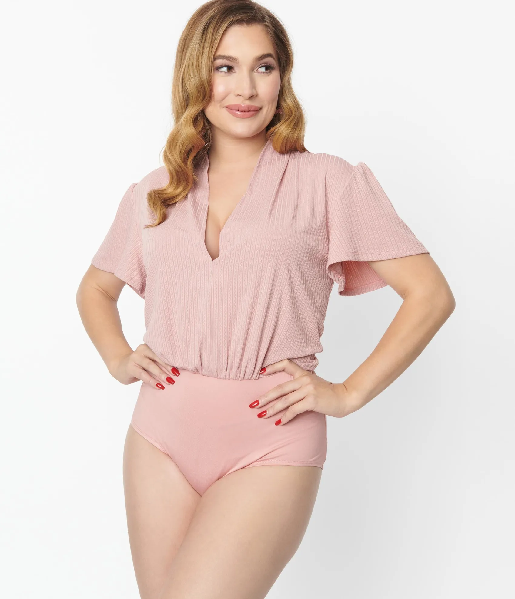 Unique Vintage 1970s Rose Pink Pointelle Flutter Sleeve Bodysuit