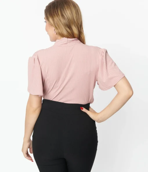 Unique Vintage 1970s Rose Pink Pointelle Flutter Sleeve Bodysuit